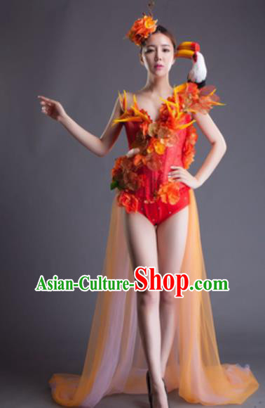 Top Grade Modern Dance Orange Feather Flowers Dress Catwalks Compere Costume for Women