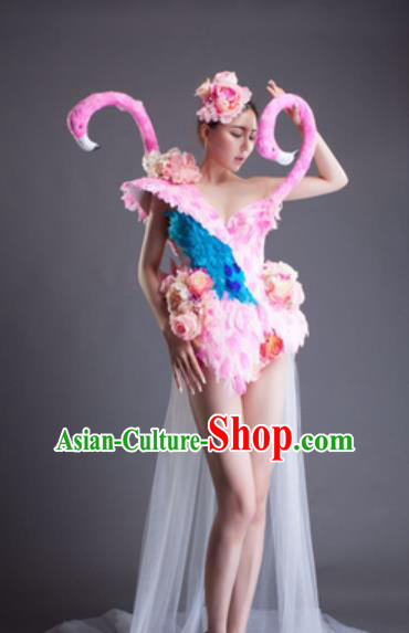 Top Grade Modern Dance Pink Flowers Flamingo Wings Dress Catwalks Compere Costume for Women