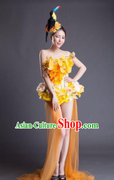 Top Grade Modern Dance Yellow Flowers Dress Catwalks Compere Costume for Women
