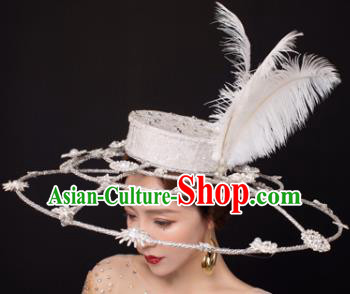 Traditional Chinese Stage Show White Feather Top Hat Headdress Handmade Catwalks Hair Accessories for Women