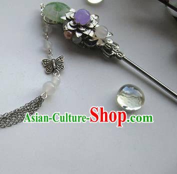Traditional Chinese Bride Argent Tassel Jade Hairpin Headdress Ancient Court Hair Accessories for Women