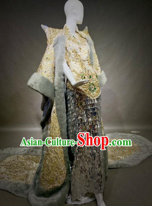 Top Grade Modern Dance Golden Costume Catwalks Embroidered Dress for Women