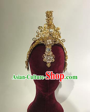 Traditional Chinese Stage Show Golden Phoenix Hair Crown Headdress Handmade Catwalks Hair Accessories for Women