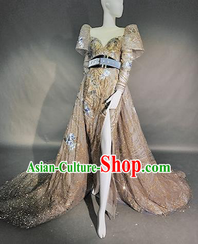 Top Grade Modern Dance Compere Champagne Full Dress Catwalks Embroidered Costume for Women