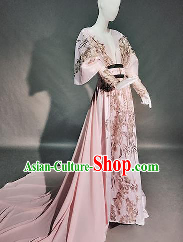 Top Grade Modern Dance Compere Pink Full Dress Catwalks Embroidered Costume for Women