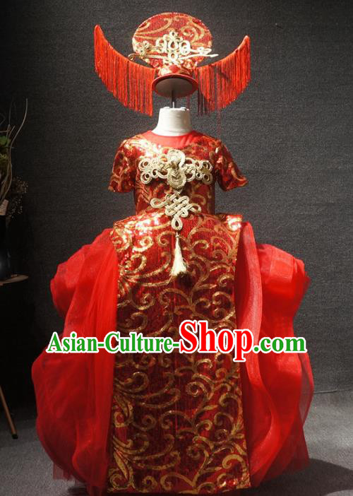 Traditional Chinese New Year Embroidered Red Full Dress Catwalks Stage Show Costume for Kids