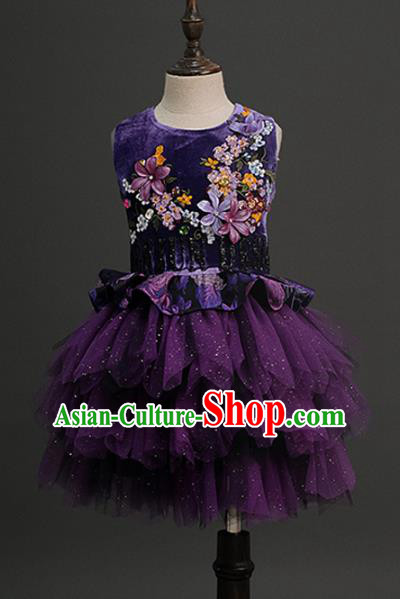 Top Children Compere Purple Veil Short Full Dress Catwalks Princess Stage Show Dance Costume for Kids