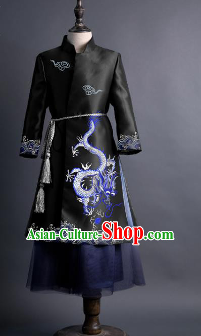Traditional Chinese Children Classical Dance Embroidered Dragon Black Tang Suit Compere Stage Performance Costume for Kids