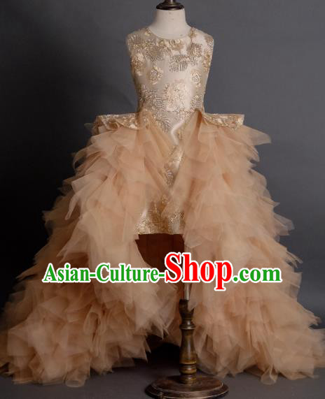 Top Children Compere Apricot Pink Veil Trailing Full Dress Catwalks Stage Show Dance Costume for Kids