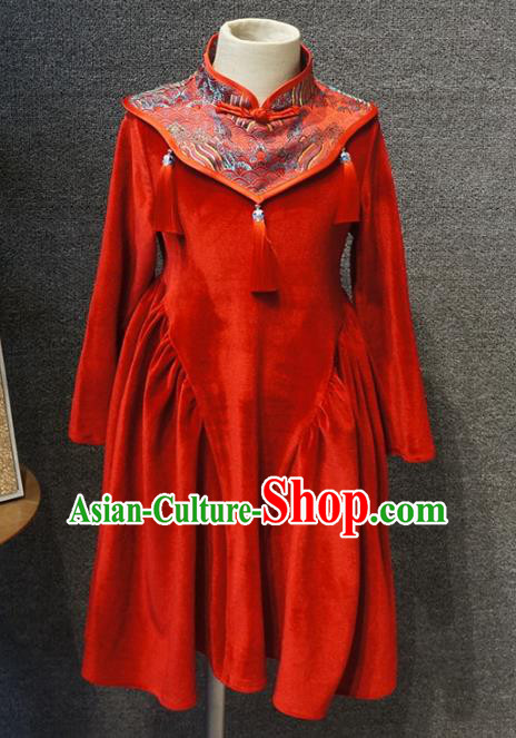 Traditional Chinese New Year Red Qipao Dress Catwalks Compere Stage Show Costume for Kids