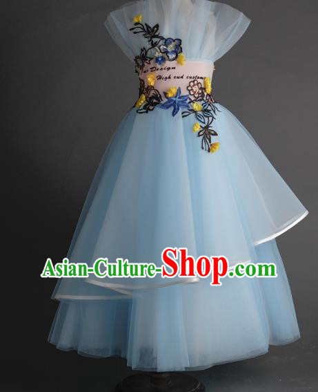 Top Children Fairy Princess Blue Veil Full Dress Compere Catwalks Stage Show Dance Costume for Kids