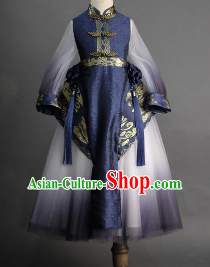 Traditional Chinese Catwalks Tang Suit Navy Dress Compere Stage Performance Costume for Kids