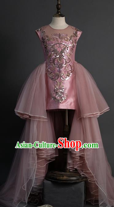 Top Children Fairy Princess Pink Veil Trailing Full Dress Compere Catwalks Stage Show Dance Costume for Kids