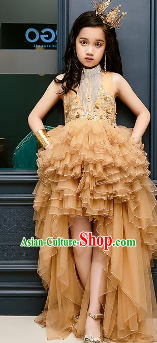 Top Children Flowers Fairy Brown Veil Full Dress Compere Catwalks Stage Show Dance Costume for Kids