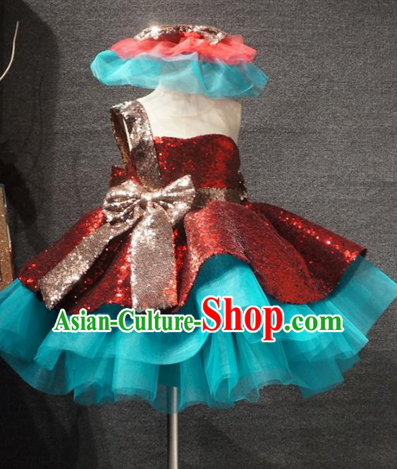 Top Children Dance Purplish Red Paillette Bubble Full Dress Catwalks Princess Stage Show Birthday Costume for Kids