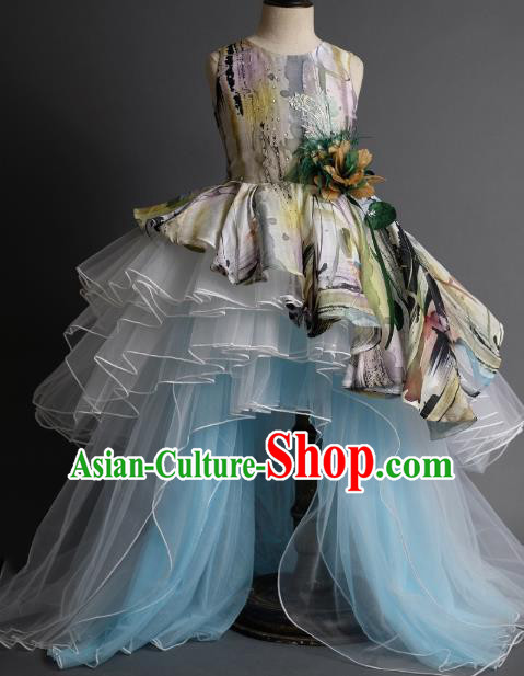 Top Children Fairy Princess Printing Blue Veil Trailing Full Dress Compere Catwalks Stage Show Dance Costume for Kids