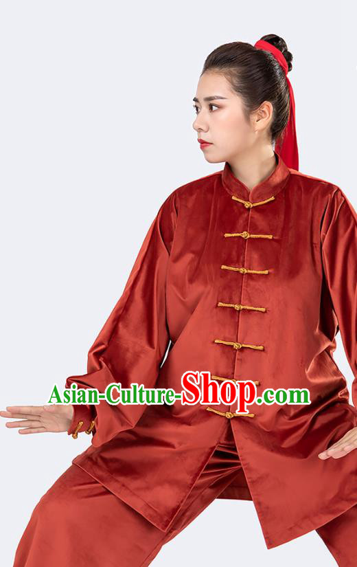 Traditional Chinese Tai Chi Competition Rust Red Velvet Outfits Martial Arts Stage Performance Costumes for Women
