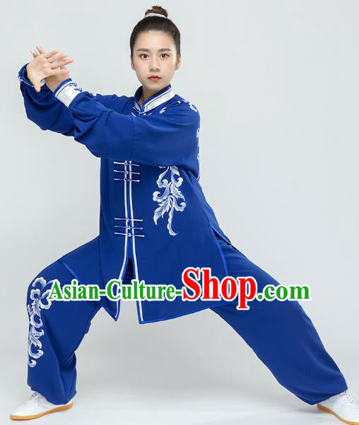 Traditional Chinese Tai Chi Kung Fu Blue Outfits Martial Arts Stage Performance Costumes for Women