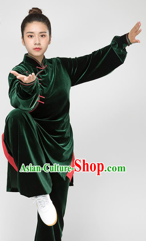 Top Tai Chi Kung Fu Deep Green Pleuche Outfits Chinese Traditional Martial Arts Stage Performance Costumes for Women