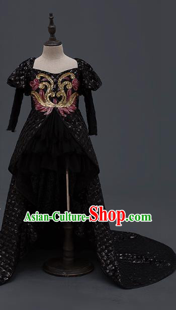 Top Children Cosplay Princess Black Trailing Full Dress Compere Catwalks Stage Show Dance Costume for Kids