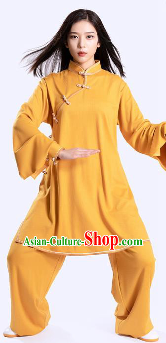 Top Tai Chi Kung Fu Competition Yellow Outfits Chinese Traditional Martial Arts Costumes for Women