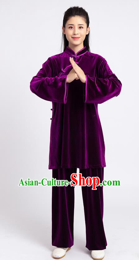 Top Tai Chi Kung Fu Competition Purple Pleuche Outfits Chinese Traditional Martial Arts Costumes for Women