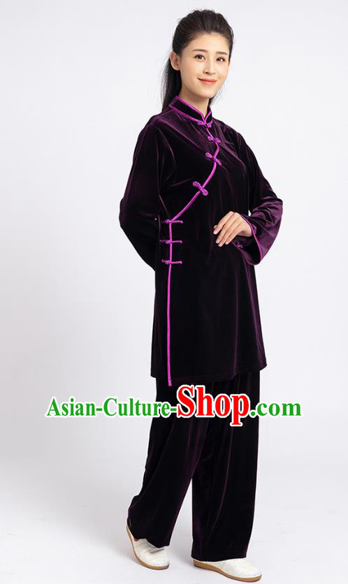 Top Tai Chi Kung Fu Competition Deep Purple Pleuche Outfits Chinese Traditional Martial Arts Costumes for Women