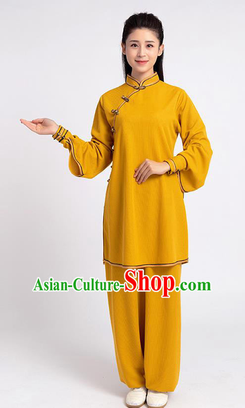 Top Chinese Tai Chi Kung Fu Yellow Outfits Traditional Martial Arts Competition Costumes for Women