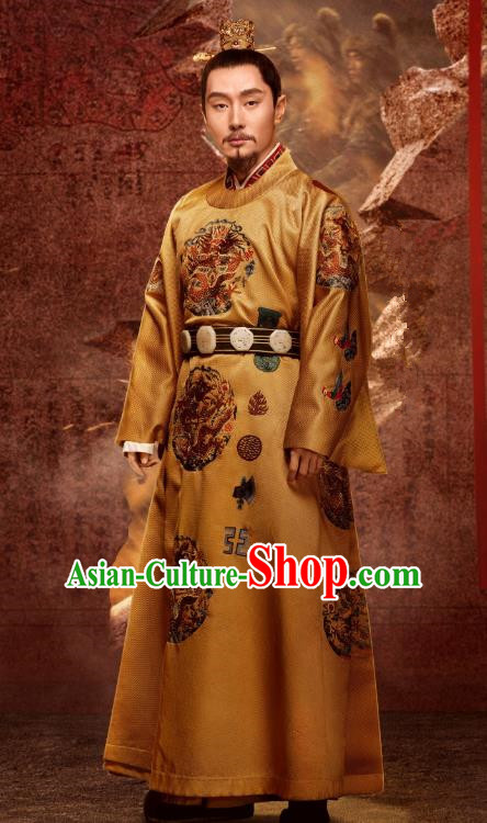 Chinese Ancient Ming Dynasty Jingtai Emperor Imperial Robe Drama Empress of the Ming Zhu Qiyu Replica Costumes and Headpiece for Men