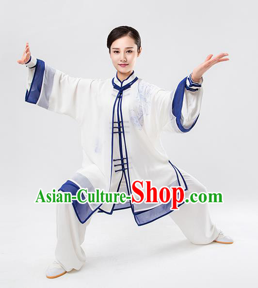 Top Chinese Martial Arts Printing Blue Outfits Traditional Tai Chi Kung Fu Training Costumes for Women