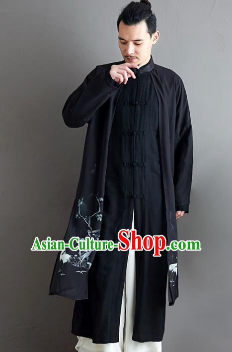 Top Chinese Tang Suit Printing Crane Black Flax Coat Traditional Tai Chi Kung Fu Overcoat Costume for Men