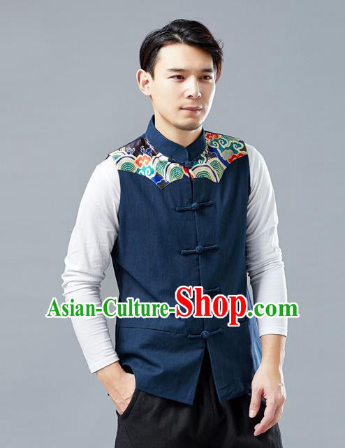 Chinese Tang Suit Printing Navy Vest Traditional Tai Chi Kung Fu Waistcoat Upper Outer Garment Costume for Men
