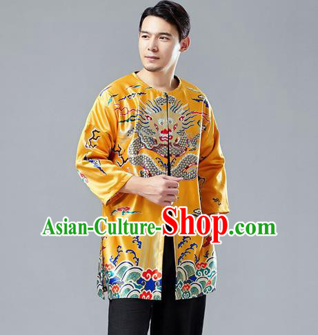 Top Chinese Tang Suit Printing Dragon Yellow Satin Cardigan Traditional Tai Chi Kung Fu Jacket Costume for Men