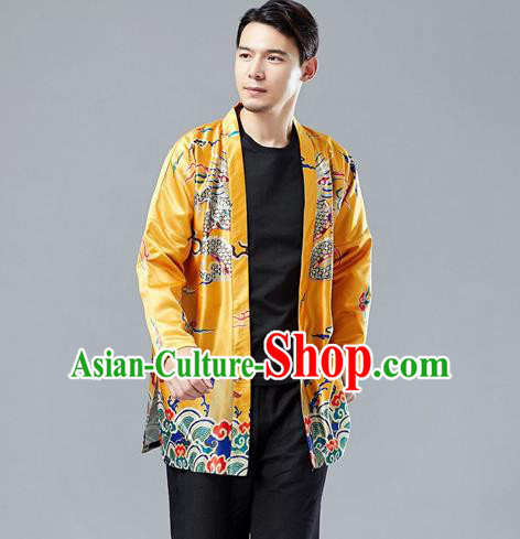 Top Chinese Tang Suit Printing Dragon Yellow Cardigan Traditional Tai Chi Kung Fu Jacket Costume for Men