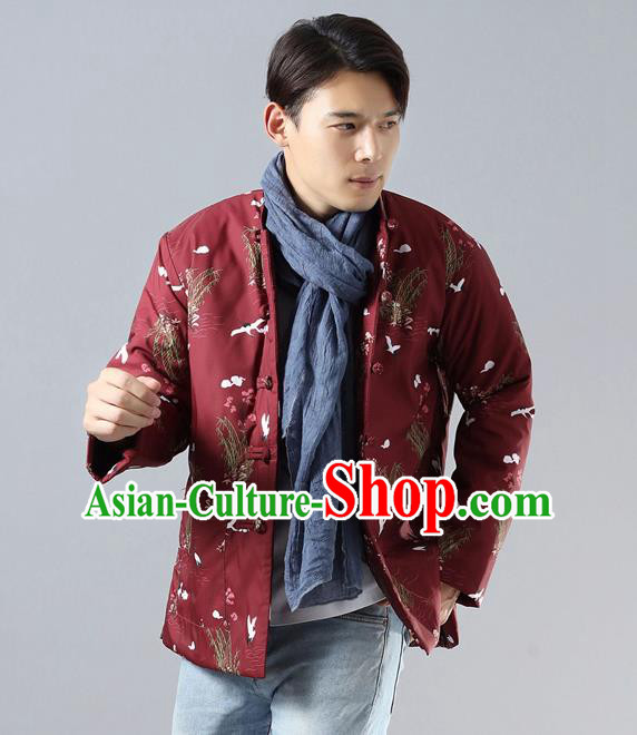 Top Chinese Tang Suit Red Cotton Padded Jacket Traditional Tai Chi Kung Fu Coat Costume for Men