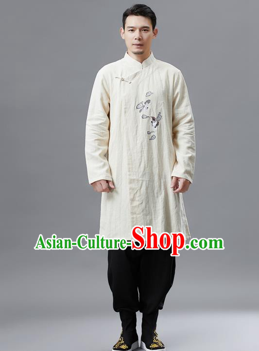 Top Chinese Tang Suit Embroidered Crane Beige Flax Jacket Traditional Tai Chi Kung Fu Overcoat Costume for Men