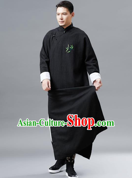 Top Chinese Tang Suit Embroidered Bamboo Black Flax Robe Traditional Republic of China Kung Fu Gown Costumes for Men
