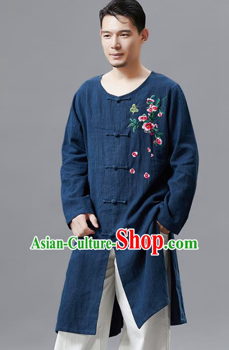 Top Chinese Tang Suit Embroidered Navy Flax Shirt Traditional Tai Chi Kung Fu Upper Outer Garment Costume for Men