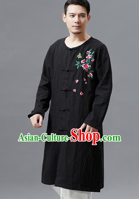 Top Chinese Tang Suit Embroidered Black Flax Shirt Traditional Tai Chi Kung Fu Upper Outer Garment Costume for Men