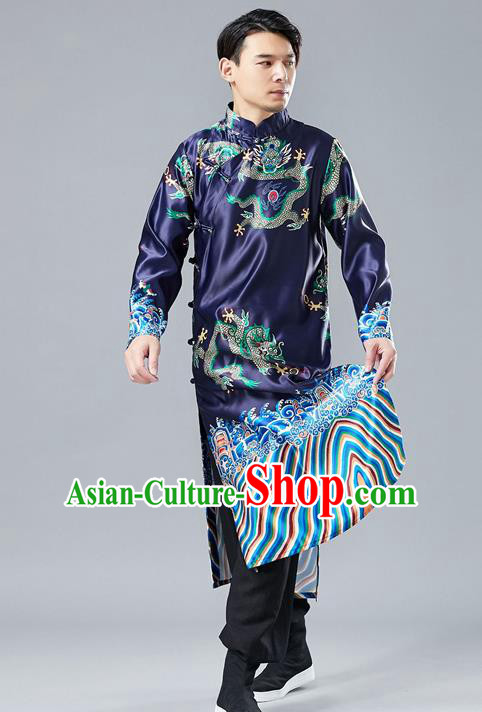 Top Chinese Tang Suit Printing Dragon Navy Robe Traditional Republic of China Kung Fu Gown Costumes for Men