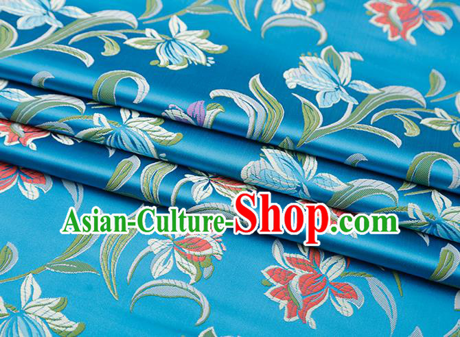 Chinese Traditional Daffodil Pattern Lake Blue Brocade Fabric Cheongsam Satin Tapestry Drapery