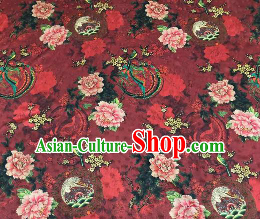 Chinese Traditional Phoenix Peony Design Pattern Dark Red Silk Fabric Cheongsam Gambiered Guangdong Gauze Drapery