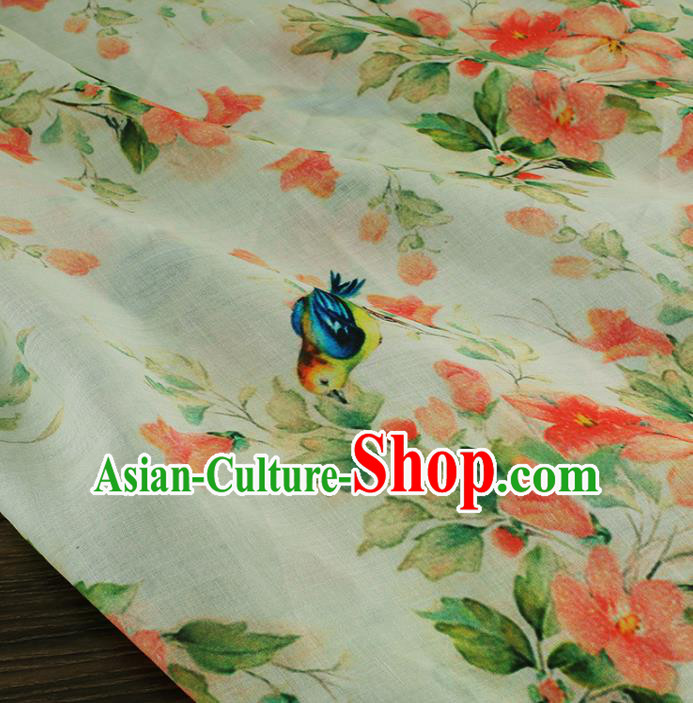 Chinese Traditional Azalea Design Pattern Beige Ramie Fabric Cheongsam Ramee Drapery