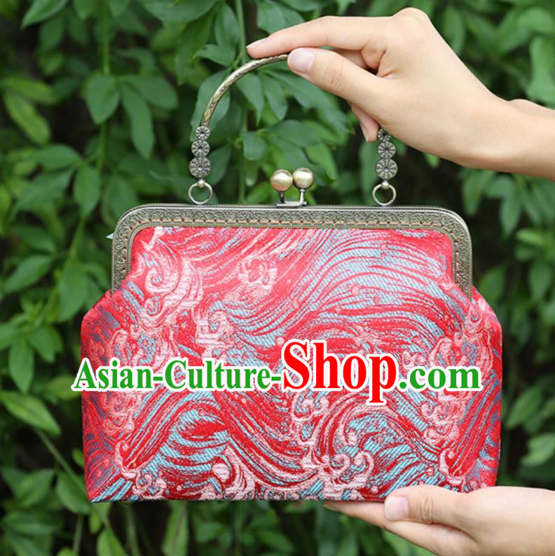 Chinese Traditional Wave Pattern Red Brocade Bag Handmade Cheongsam Handbag for Women