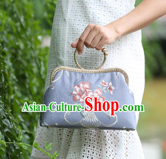 Chinese Traditional Embroidered Flowers Pattern Blue Bag Handmade Cheongsam Handbag for Women