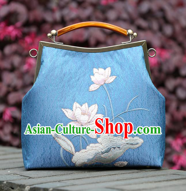 Chinese Traditional Embroidered Lotus Pattern Blue Brocade Bag Handmade Cheongsam Silk Handbag for Women