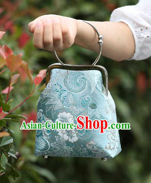 Chinese Traditional Butterfly Pattern Blue Brocade Bag Handmade Cheongsam Silk Handbag for Women