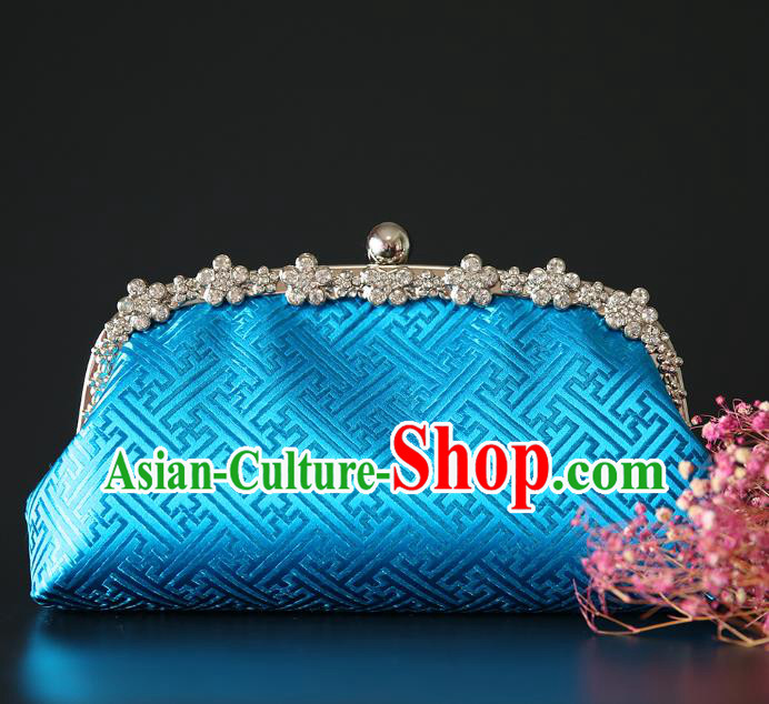Chinese Traditional Pattern Blue Brocade Bag Handmade Cheongsam Silk Handbag for Women