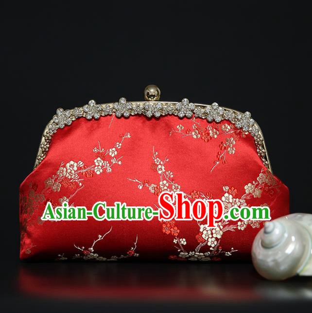 Chinese Traditional Plum Pattern Red Brocade Bag Handmade Cheongsam Silk Handbag for Women