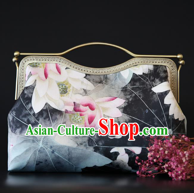 Chinese Traditional Lotus Pattern Grey Brocade Bag Handmade Cheongsam Silk Handbag for Women